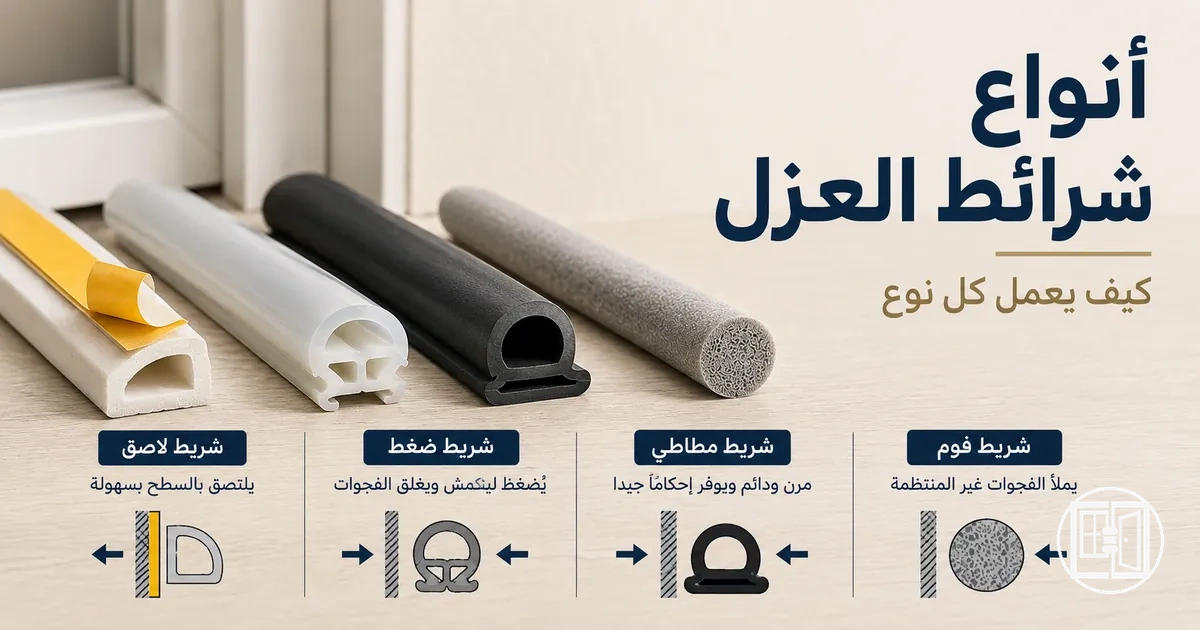 أنواع شرائط عزل النوافذ والأبواب تشمل الرغوة والمطاط والضغط والشرائط اللاصقة