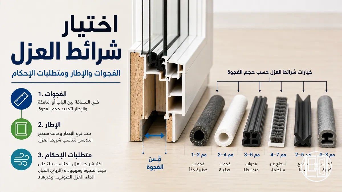 اختيار شرائط عزل النوافذ والأبواب حسب حجم الفجوات ونوع الإطار ومتطلبات الإحكام