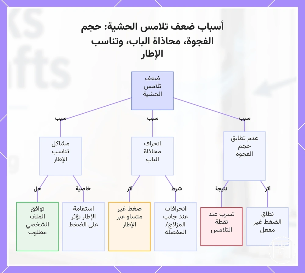 أسباب ضعف تلامس الحشية: حجم الفجوة، محاذاة الباب، وتناسب الإطار