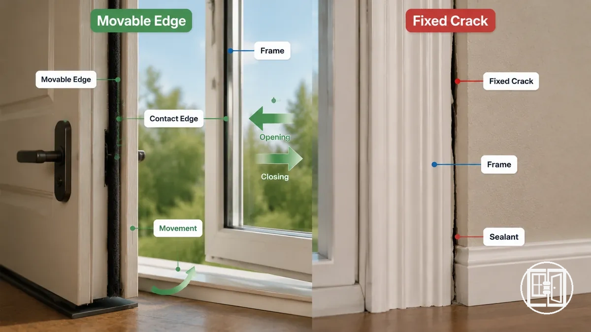 Annotated comparison showing a movable door contact edge and a fixed crack to help classify gaps before selecting a sealing method