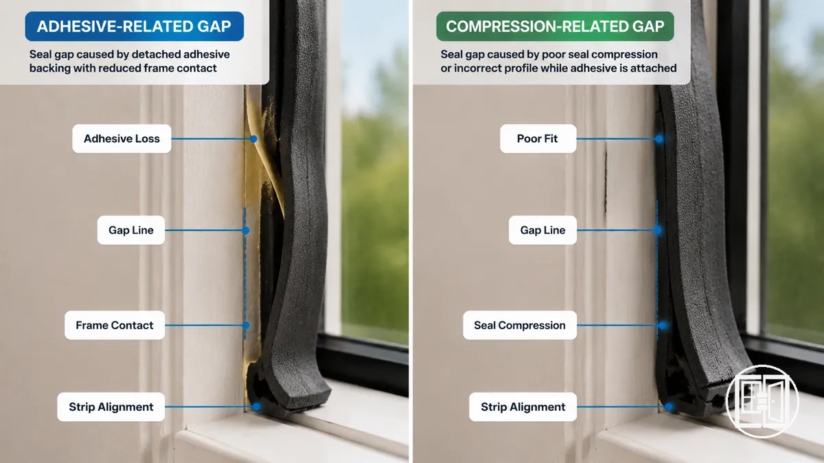 Comparison of weather stripping gap from adhesive loss versus poor seal fit