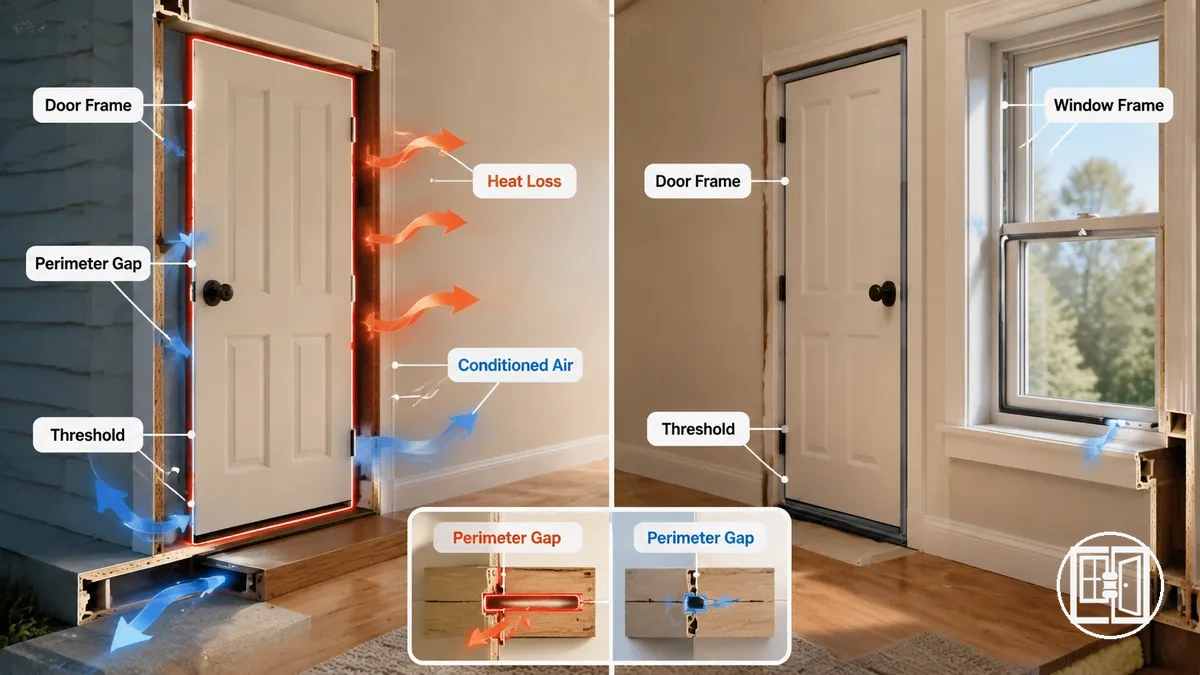 Annotated example showing heat loss paths around door and window gaps before and after sealing