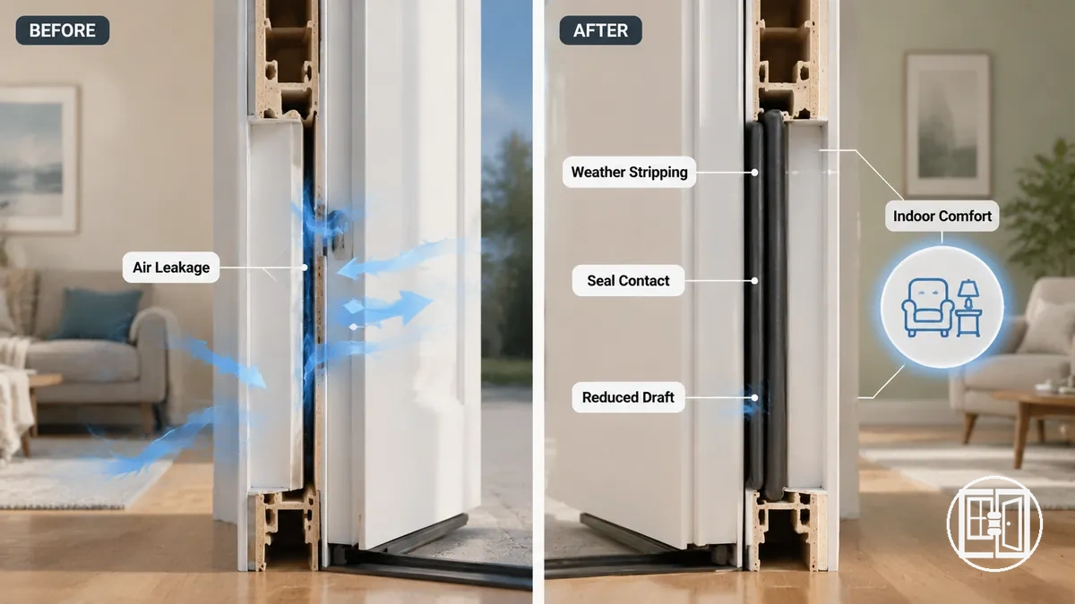 Diagram showing how weather stripping reduces air movement around a door or window for indoor comfort