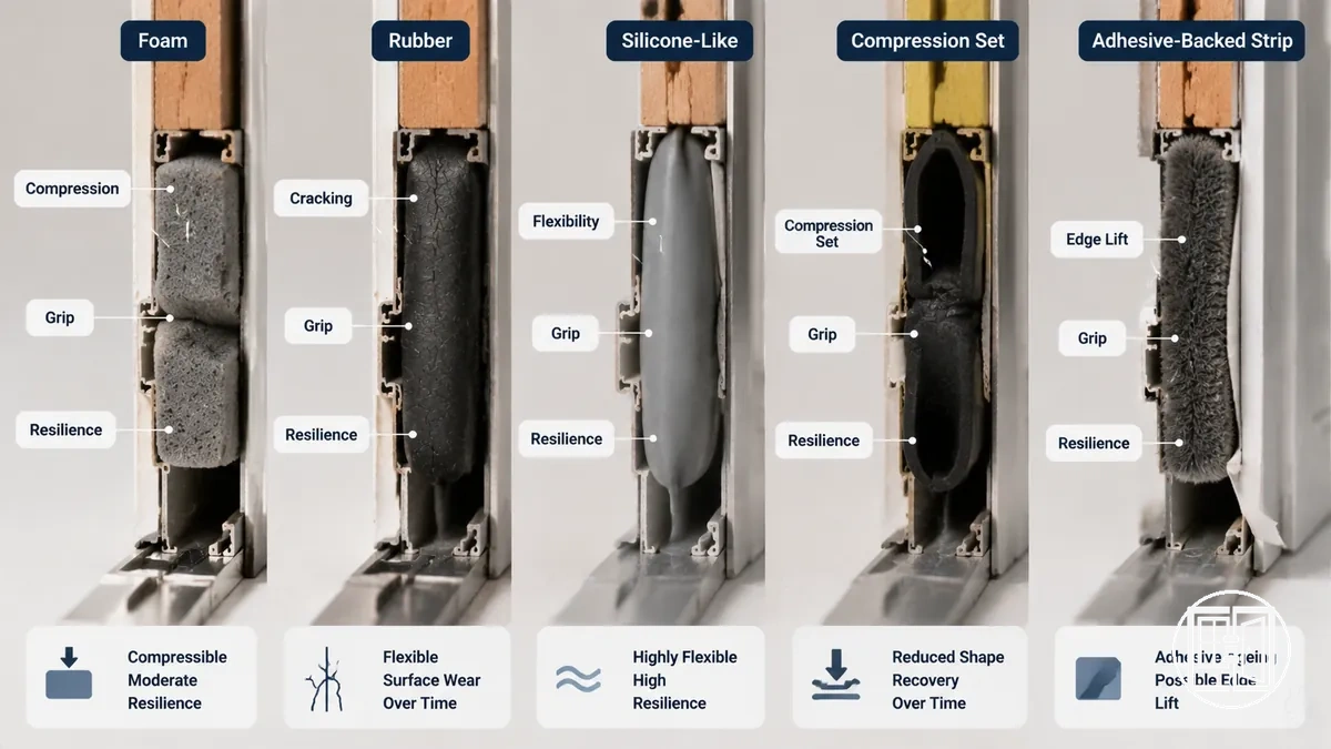 Annotated weather stripping material showing compression loss and adhesive ageing