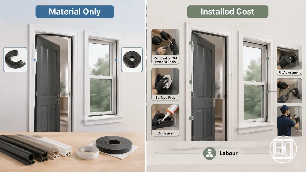 material-only cost versus installed cost shown with labelled weather stripping conditions