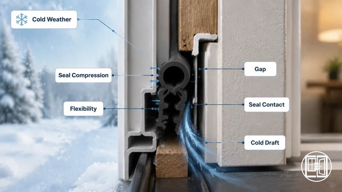 Annotated door or window seal showing cold-weather compression gaps and drafts