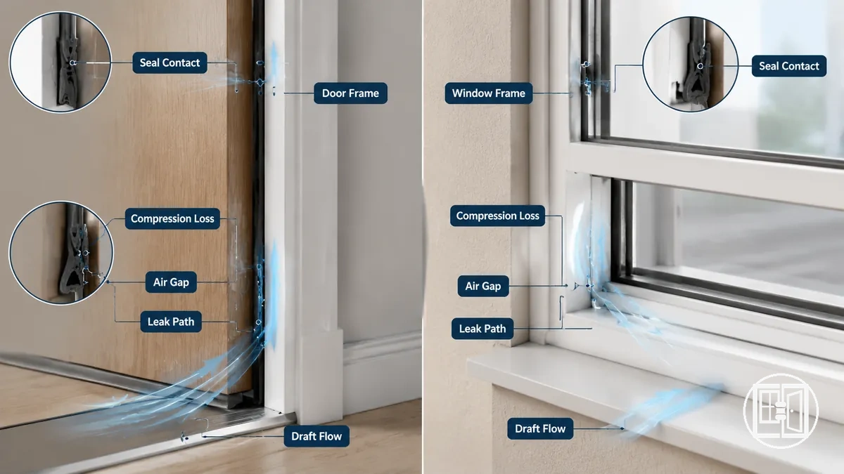 Diagram of weather stripping air leak path causing drafts around a door or window frame