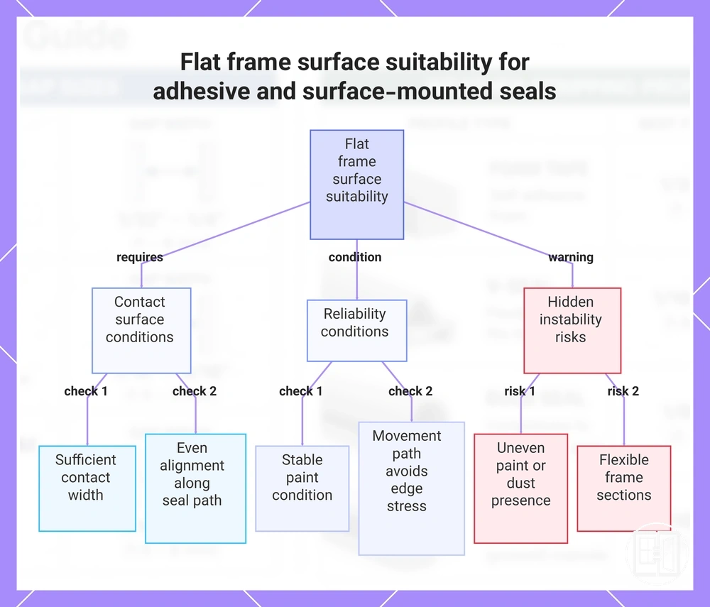 Flat frame surface suitability for adhesive and surface-mounted seals