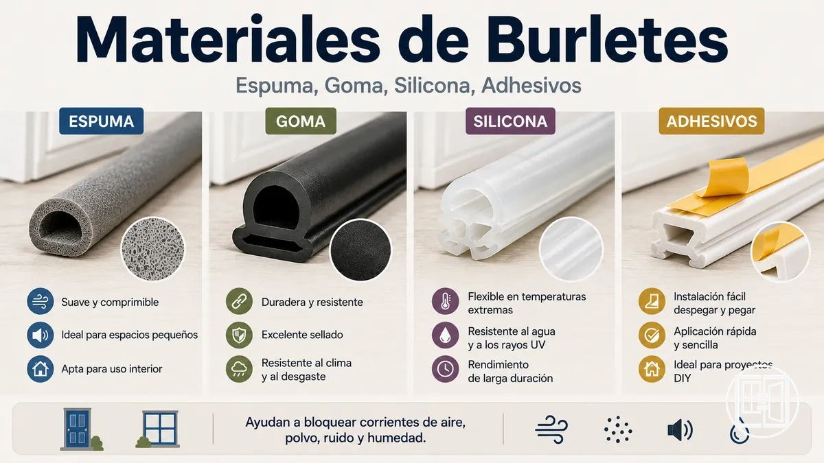 Comparación de materiales de burletes para puertas y ventanas incluyendo espuma, goma, silicona y adhesivos
