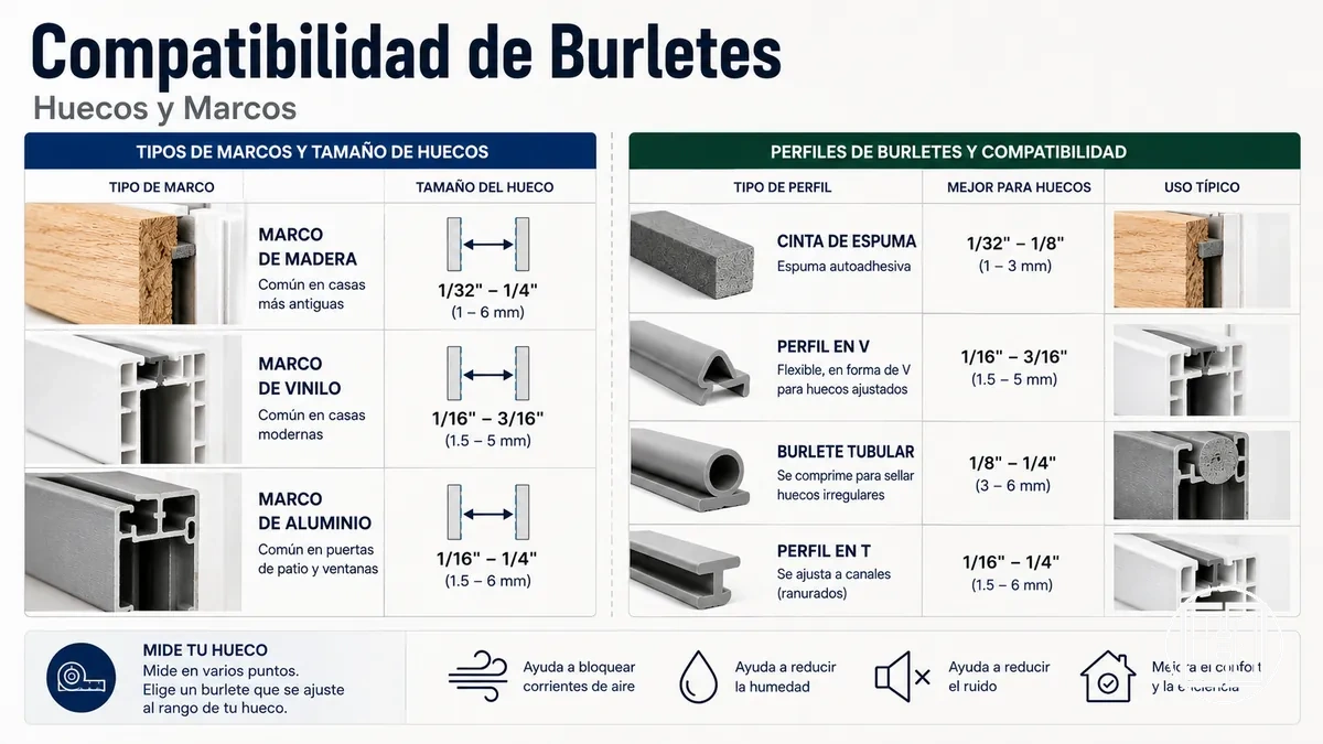Compatibilidad de burletes para puertas y ventanas según tipos de marcos y tamaños de huecos