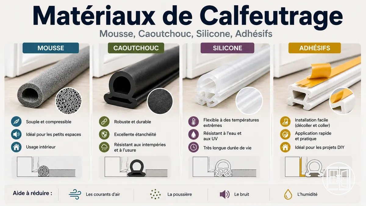 Comparaison des matériaux de calfeutrage pour fenêtres et portes : mousse, caoutchouc, silicone et adhésifs