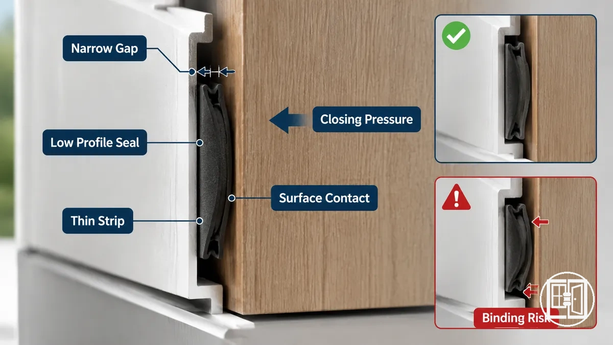 Espaces étroits et coupe-froid bas profil montrés avec des annotations sur l'ajustement du coupe-froid