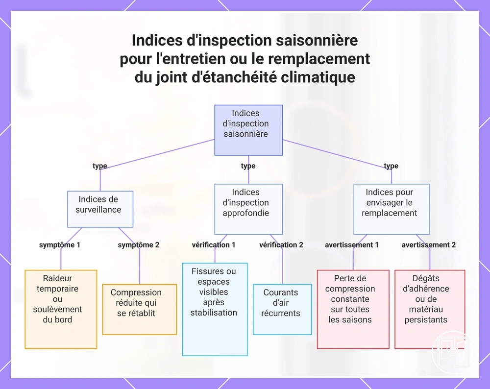 Indices d'inspection saisonnière pour l'entretien ou le remplacement du joint d'étanchéité climatique