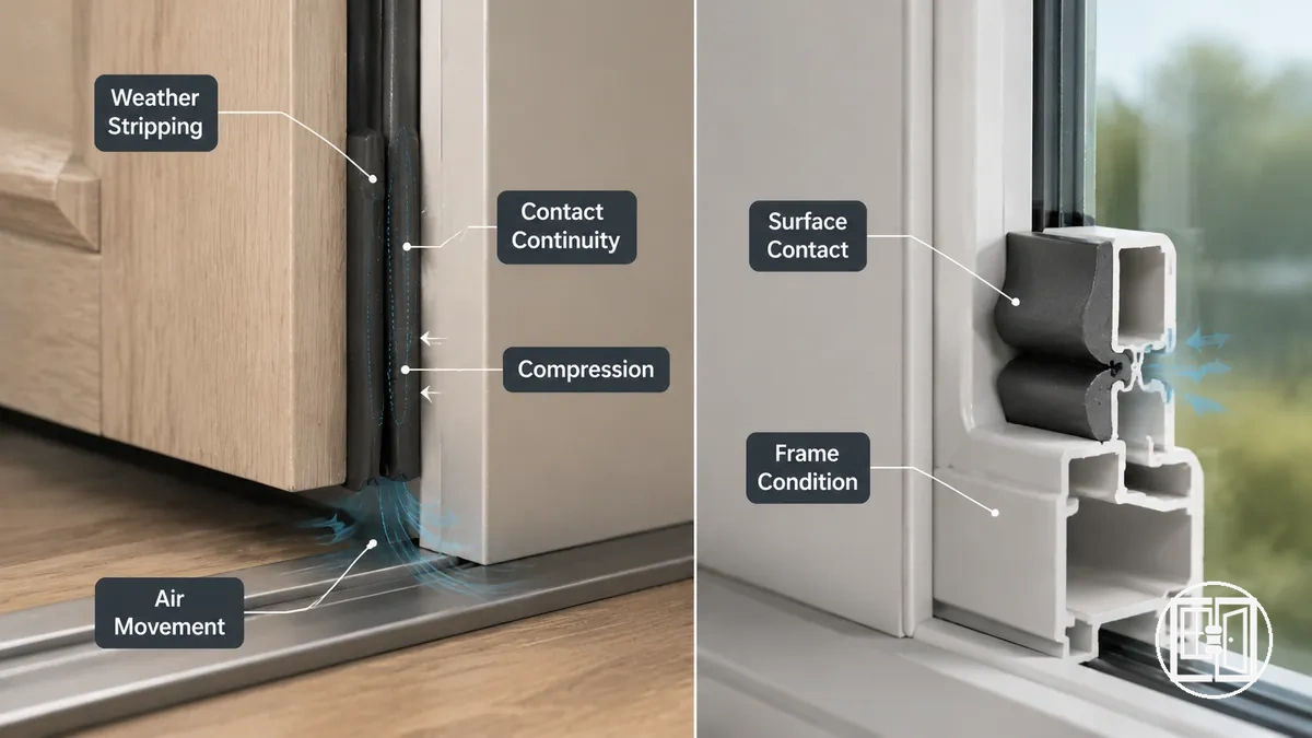 Desempenho da vedação mostrando contato do selo e redução do movimento de ar nas bordas de portas e janelas