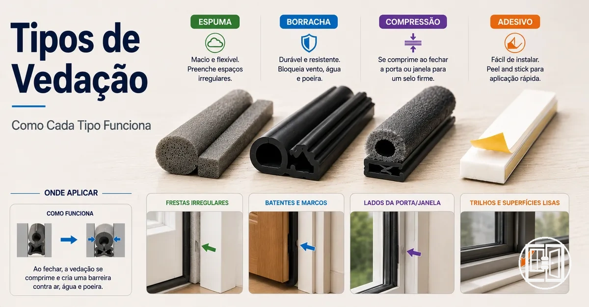 Tipos de vedação para portas e janelas com perfis de espuma, borracha, compressão e adesivos