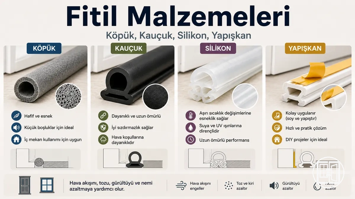 Köpük, kauçuk, silikon ve yapışkan dahil hava yalıtım fitili malzemelerinin karşılaştırması